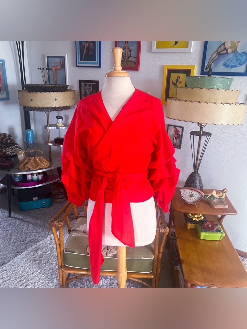 Retro 1940s Style Top | Wrap | Ruffle Sleeve | Red | Blouse | XL